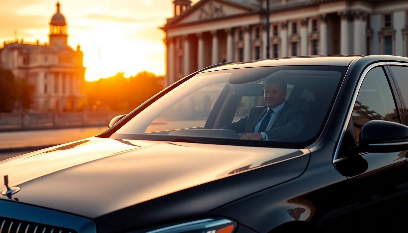 Experience professional driver hire Dublin with a chauffeur in a sleek black car at a Dublin landmark.