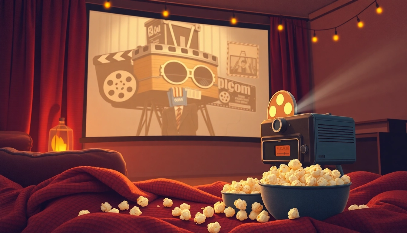 Stream classic public domain movies streaming on a cozy vintage movie night setup with a projector.