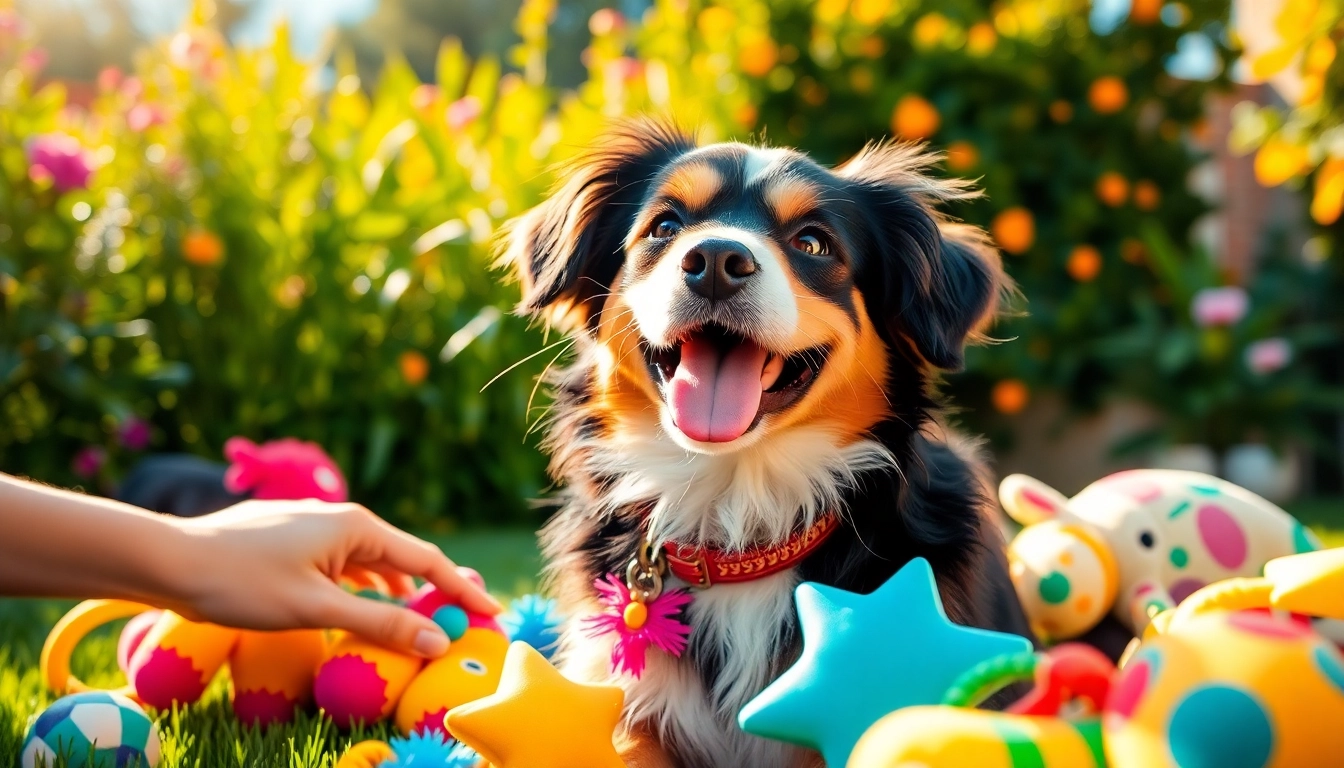 Pamper your pet with joy as a happy dog enjoys a sunlit garden filled with toys and greenery.