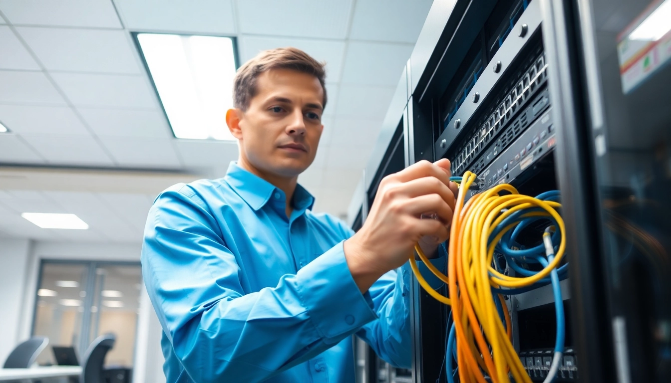 Efficient Data Cable Installation service showcasing a technician working meticulously in a modern office setup.