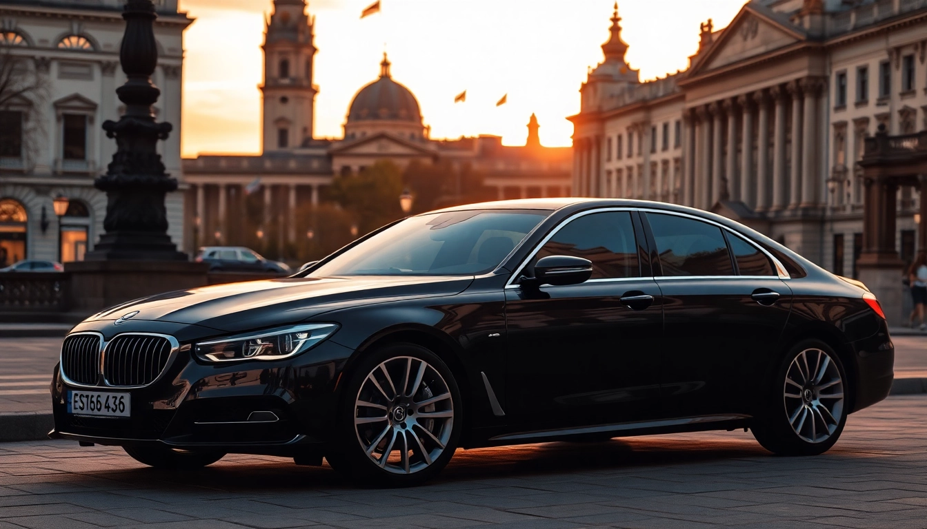 Experience professional driver hire Dublin with a sleek black sedan against a beautiful Dublin backdrop.