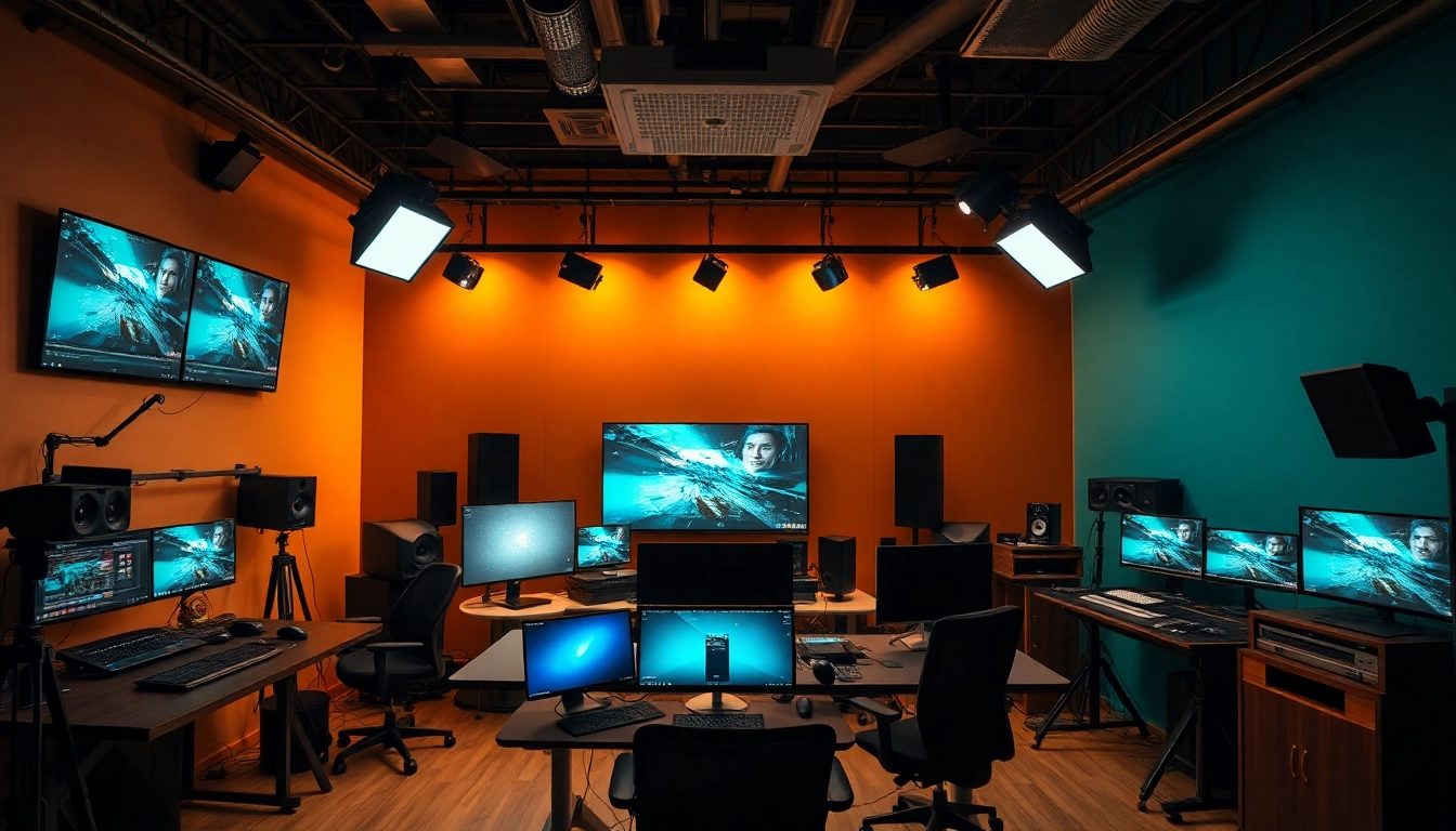 Showcase of Professional Video Editing Services in a modern studio environment, highlighting creativity and collaboration.