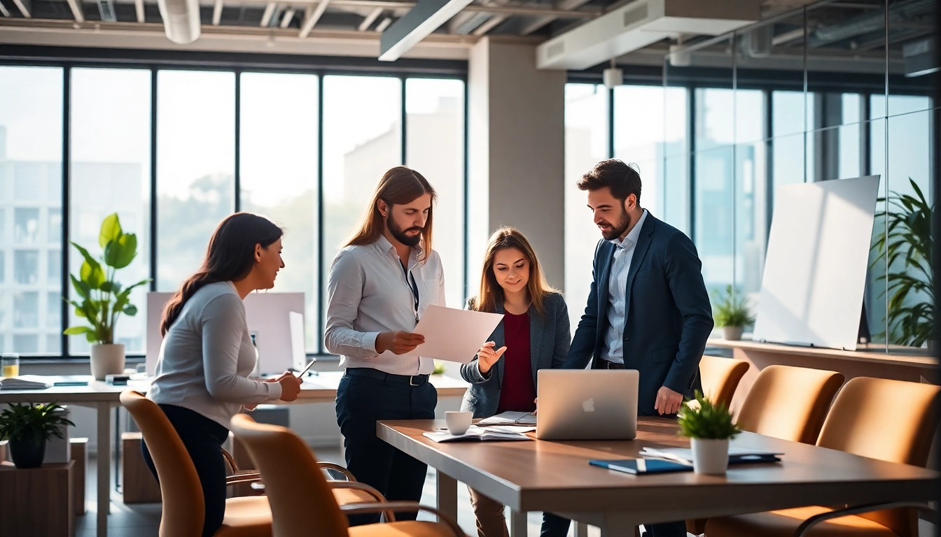 Team members discussing outsourcing strategies in a modern office environment.