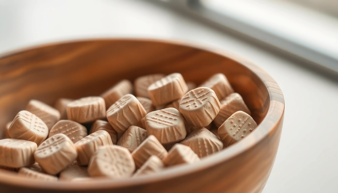 Showcasing Bulk 7oh tablets arranged attractively in a simple wooden bowl.