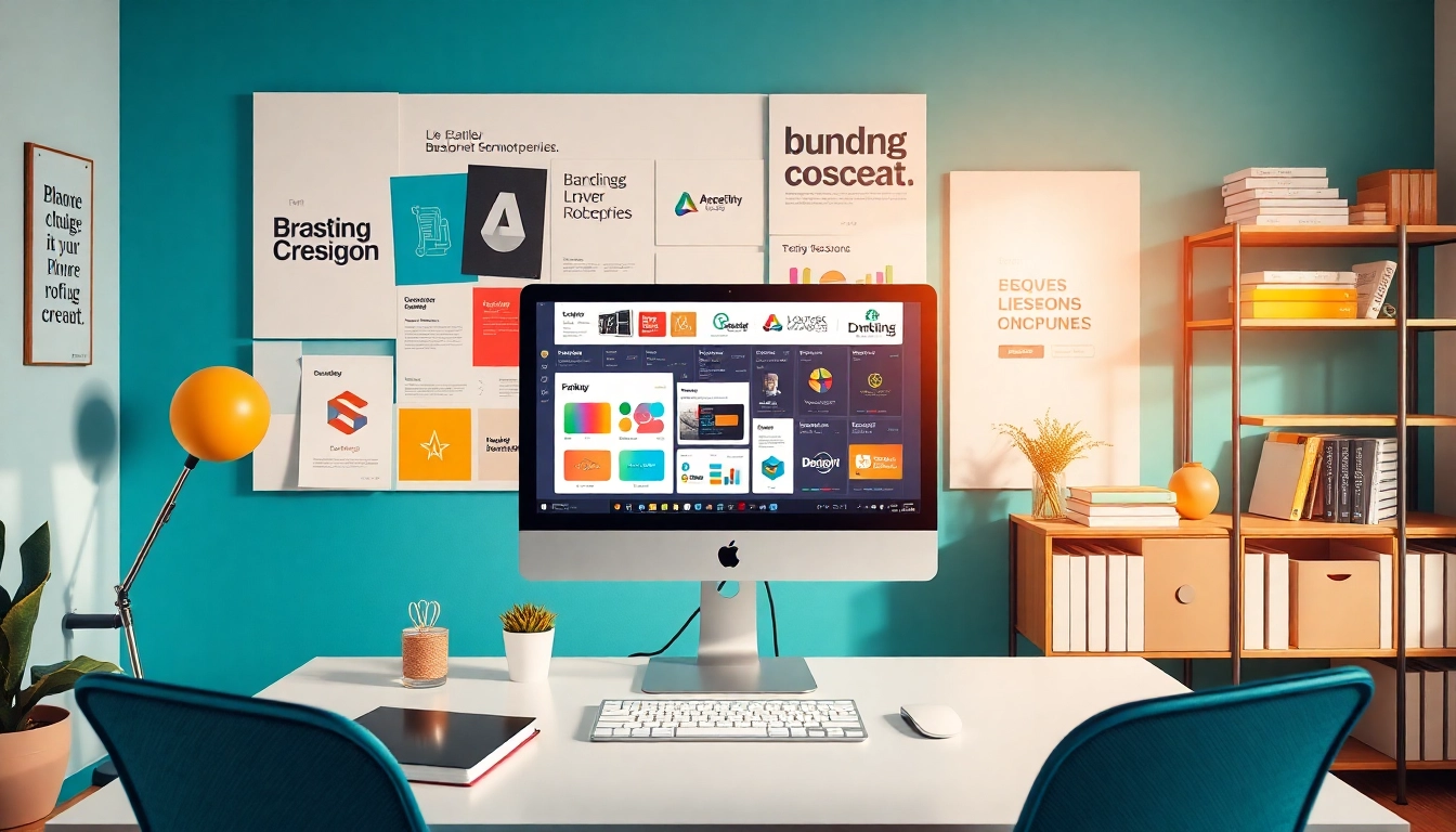 Visualize AI business branding workspace with design tools and inspiration.