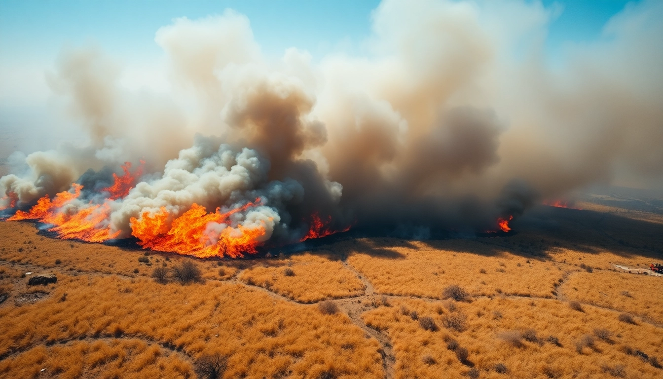 Captivating aerial view of wildfire events displaying flames and smoke enveloping grasslands.