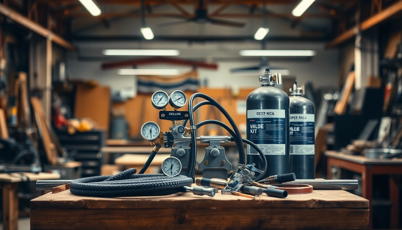 Showcase of an oxy acetylene welding kit, featuring torches and tanks on a workshop bench.