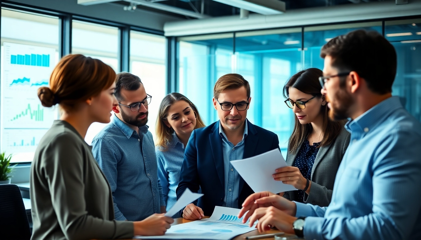 Conducting competitor pricing research with a professional analysis team surrounded by data visuals.