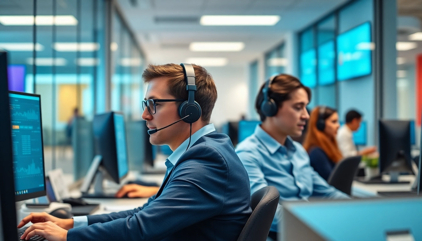 Enhance Call Center Pricing visibility through a professional image of agents engaged in a busy work environment.
