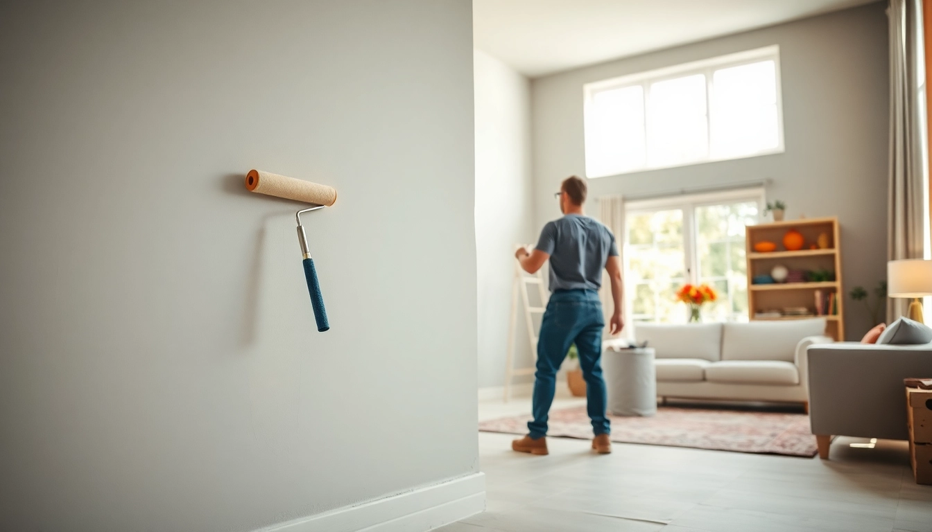 Showcasing drywall painting techniques with a professional painter at work in a well-lit room.