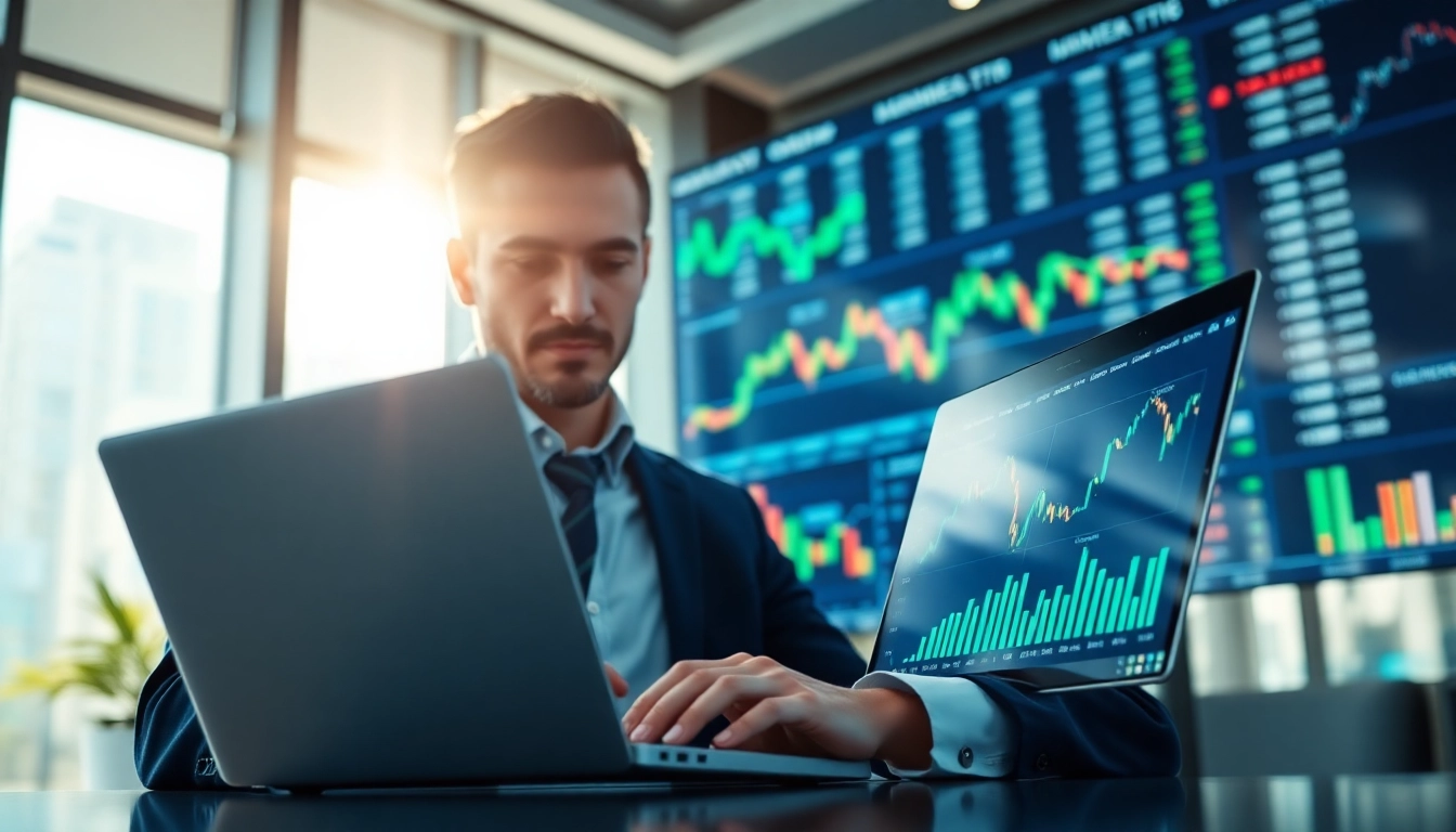 Trader engaged in analyzing trade futures data in a modern office with market charts.