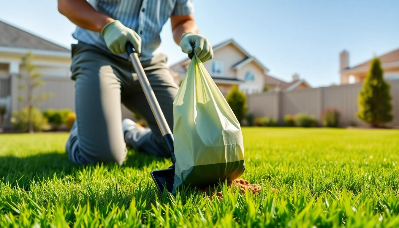 Dog poop cleaning service in action, a professional cleaning a yard with care.