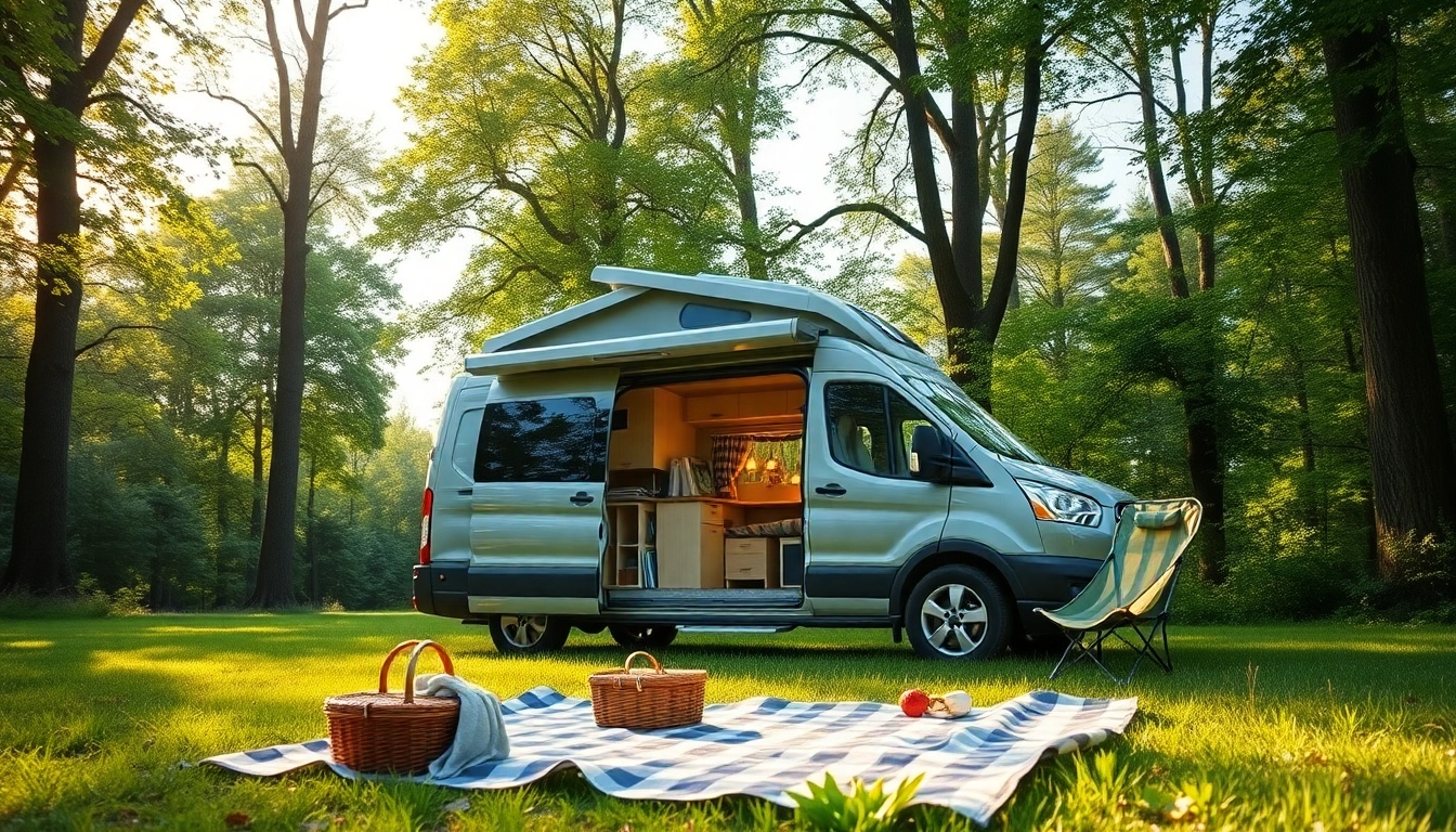 Experience the perfect campervan surrounded by serene nature, showcasing an inviting outdoor picnic setup.