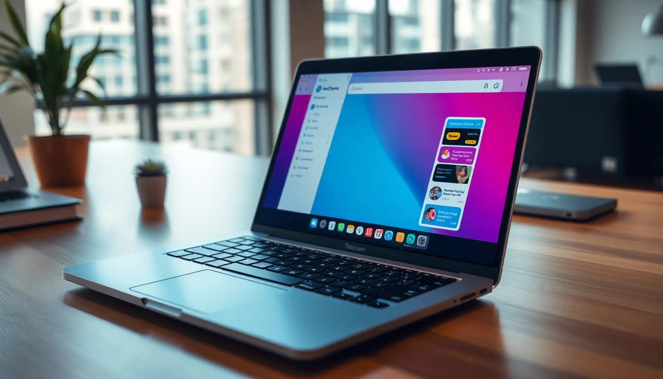 View the Telegram interface on a laptop for seamless telegram电脑下载 enjoyment in a vibrant workspace.