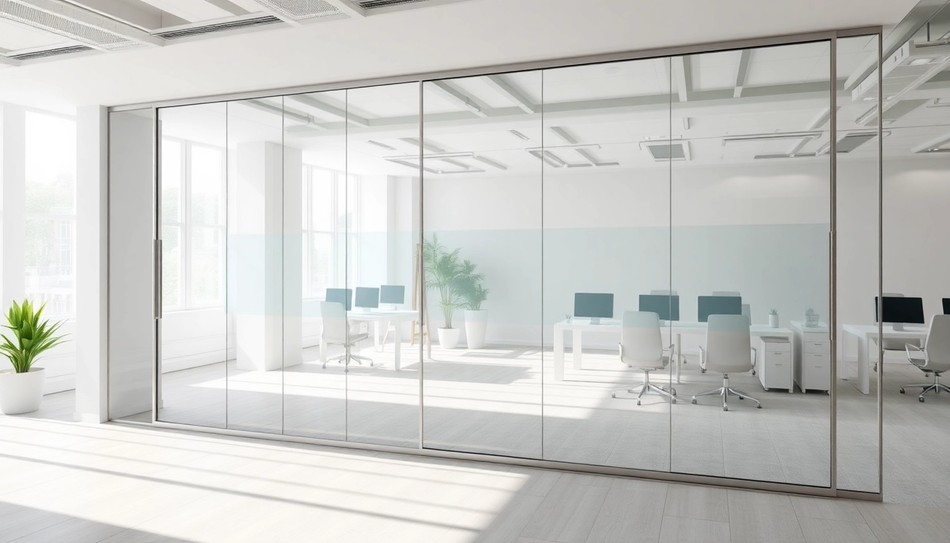 Showcasing movable glass partitions in an office, enhancing flexibility and modern design.