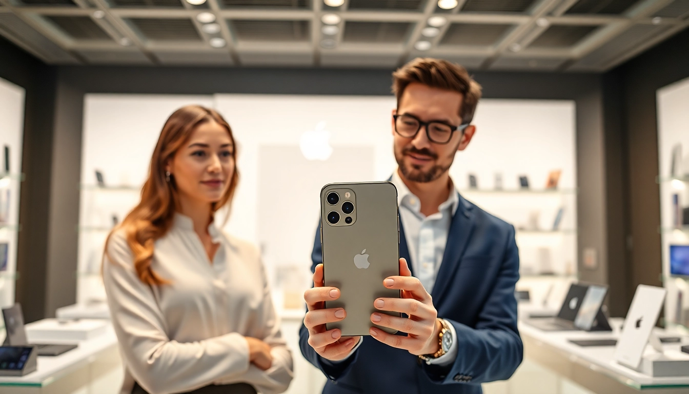 Engaging buyers to buy iPhone 16 Pro Max in a modern tech store with sleek design.
