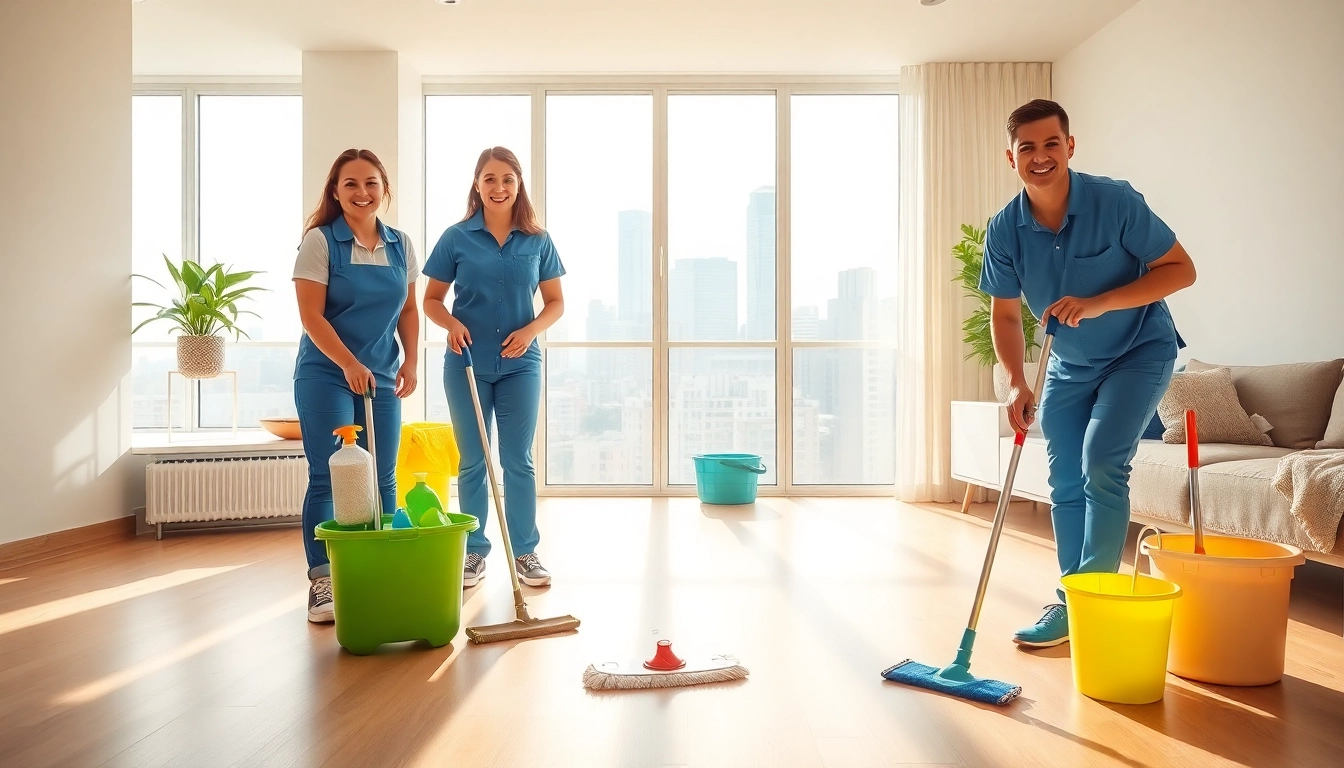 Engaging bond cleaning Brisbane team actively cleaning an apartment space with a sparkling finish.