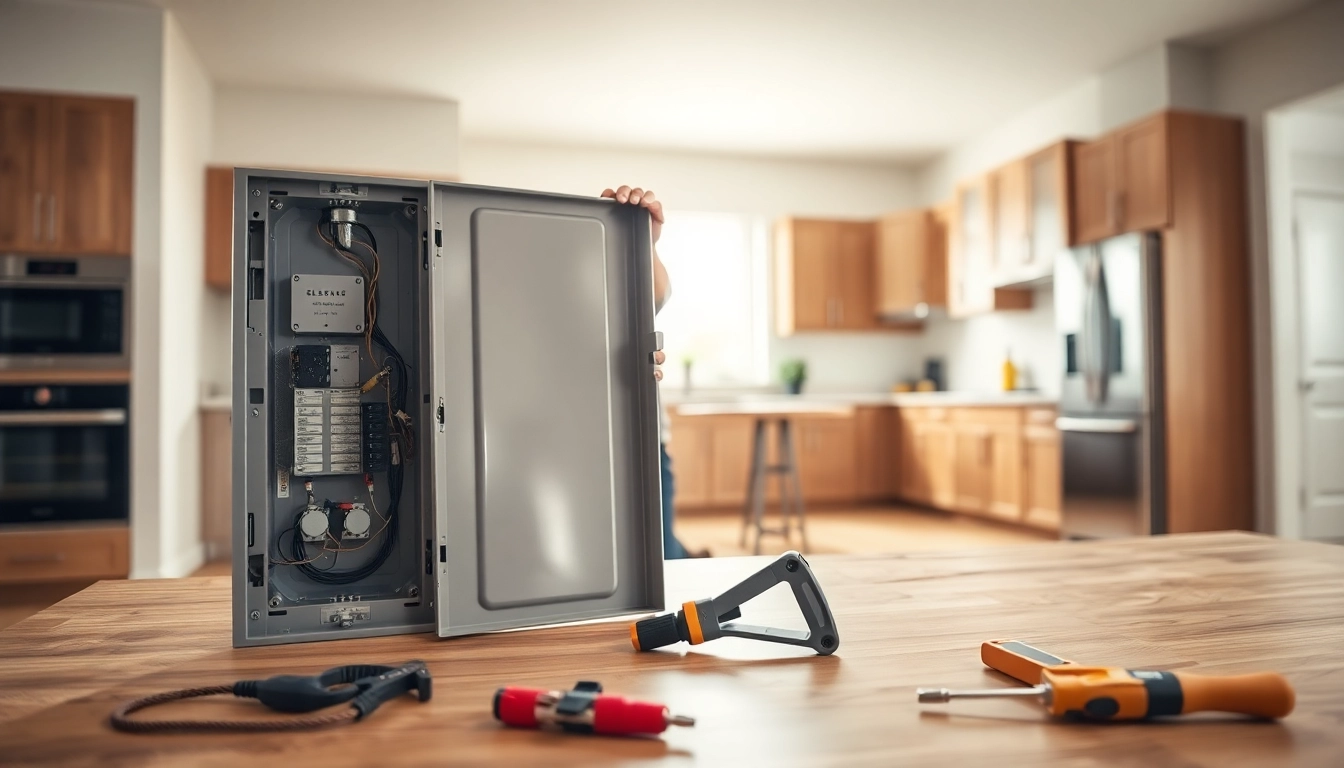Electrician conducting an Electrical Panel Upgrade in a well-lit modern kitchen.