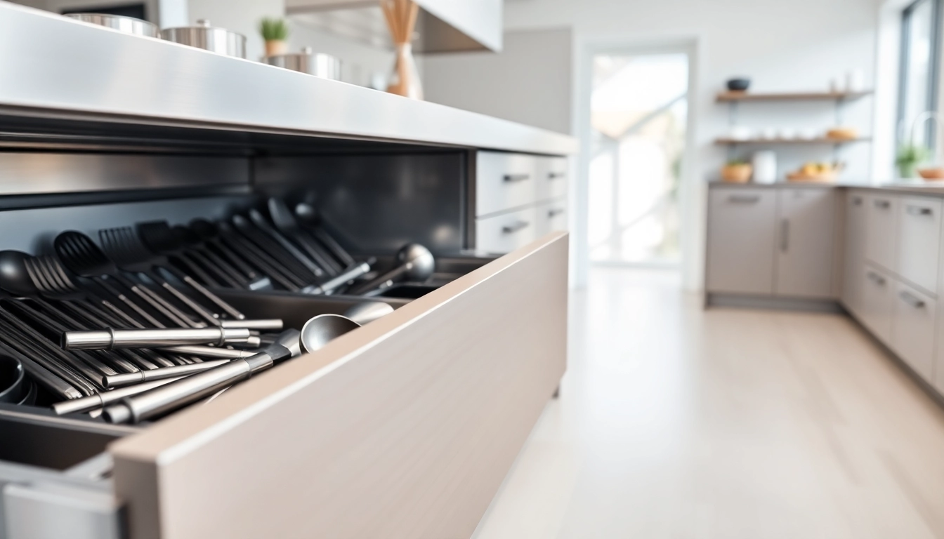 Examine the robust metal drawer system in a chic kitchen setting, emphasizing organization and style.