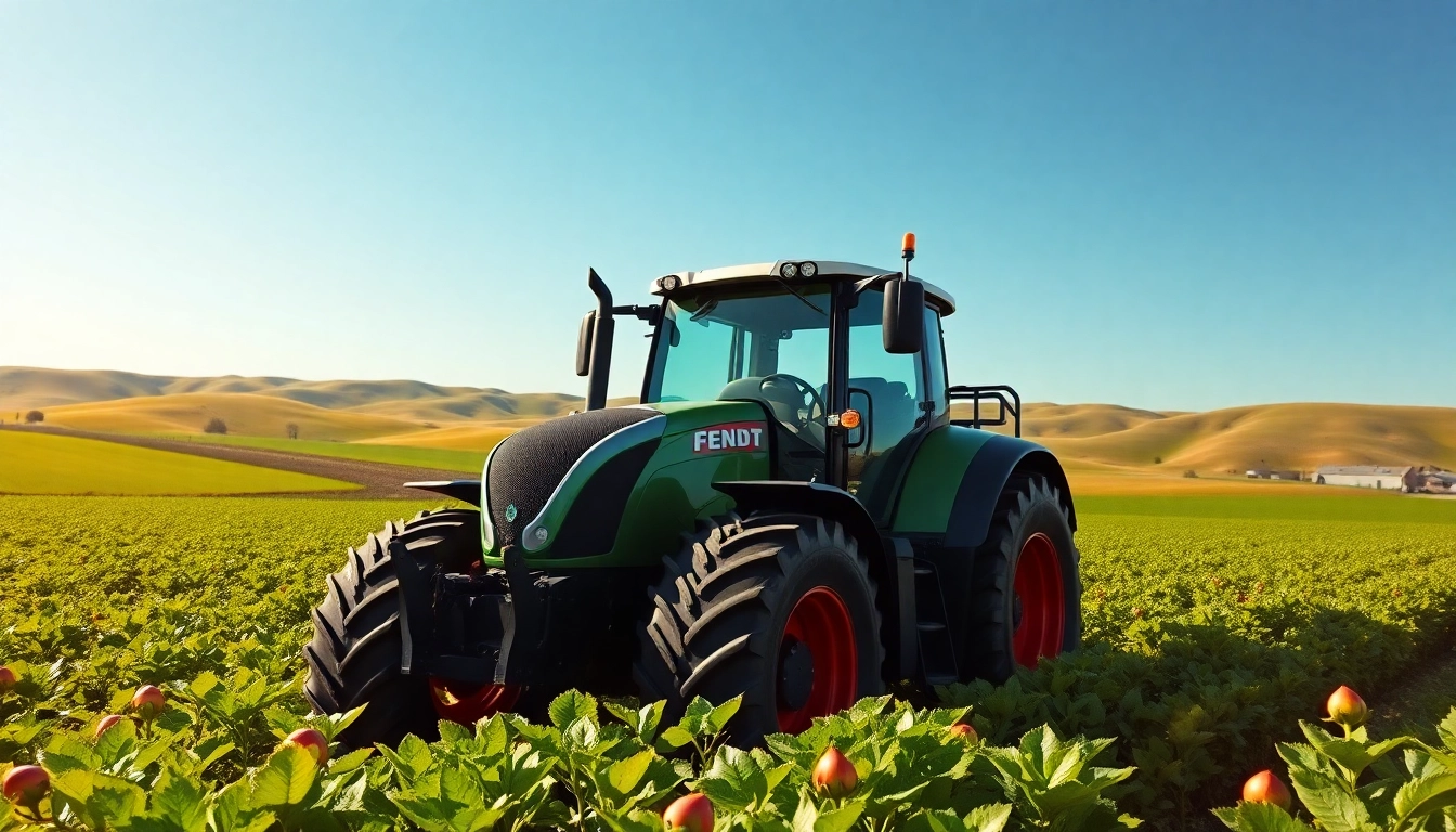 Fendt Traktor bei der Arbeit in einem üppig grünen Feld unter klarem Himmel.