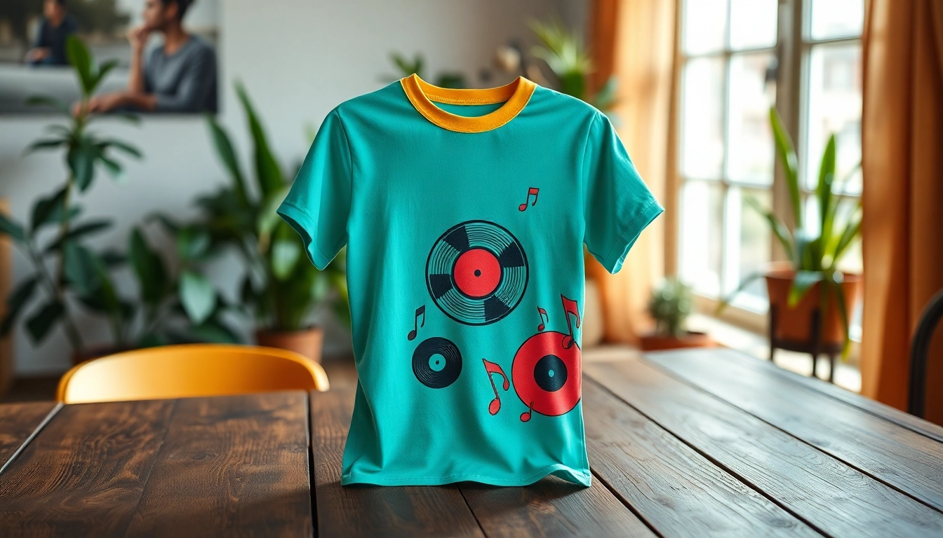 Display a stylish graphic t-shirt with a retro music design on a wooden table.