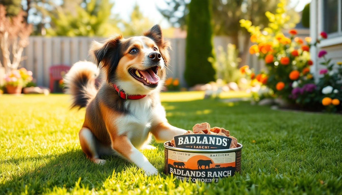 Dog enjoying a meal of badlands ranch dog food in a sunny backyard setting.