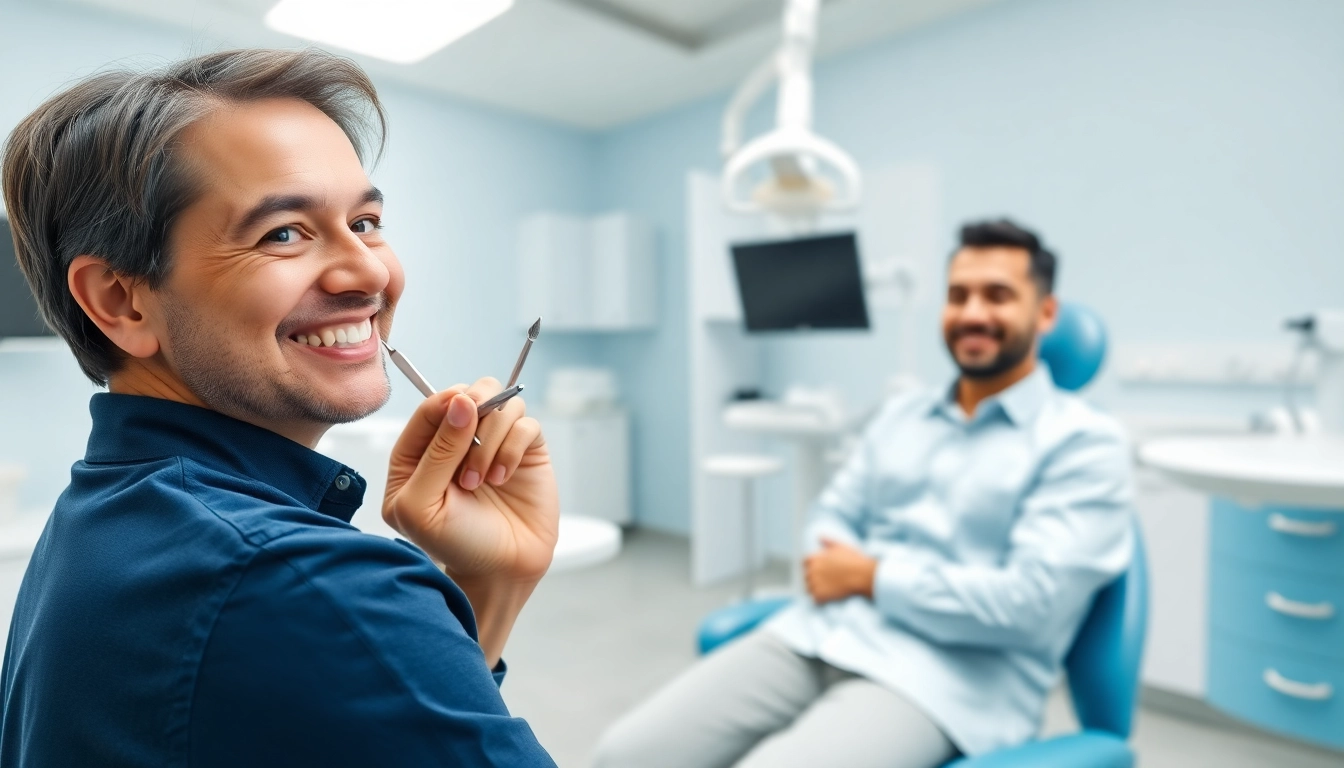 Dentist performing checkups on a relaxed patient in a bright dental office.