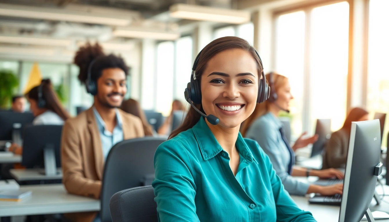 Engaged call center agents providing exceptional call center services in a vibrant workspace.