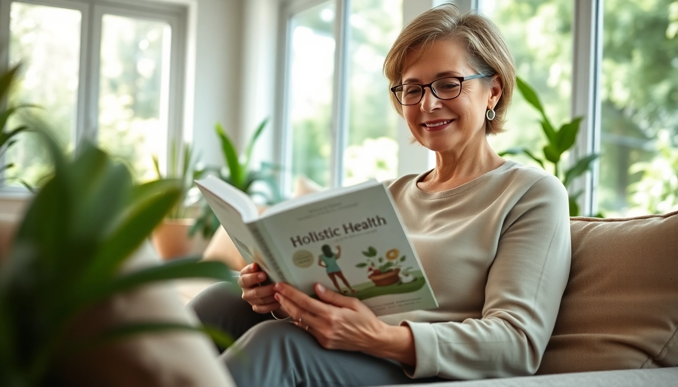 Frauen mit Wechseljahrsbeschwerden liest in einem Gesundheitsbuch in ihrem gemütlichen Wohnzimmer.