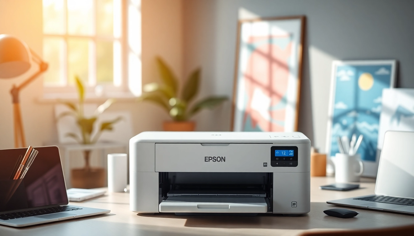 Print vibrant images with the innovative Epson Printer in a stylish home office environment.