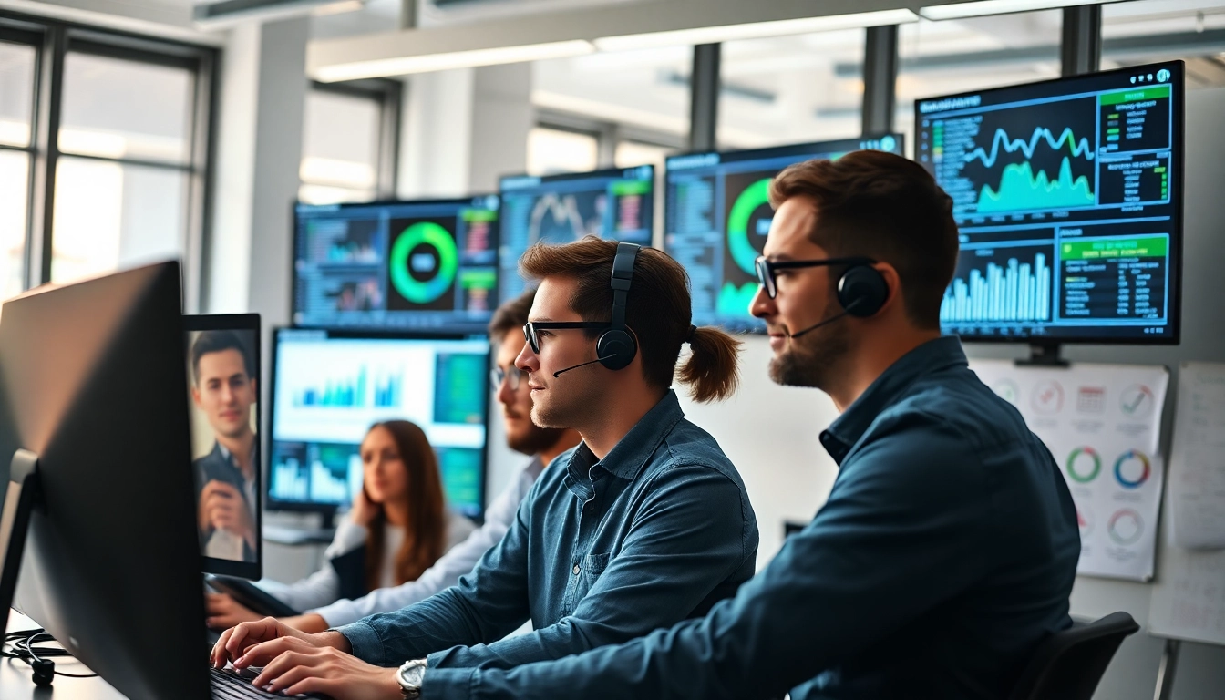 Engaging scene of managed IT support specialists working collaboratively in a tech-savvy office.