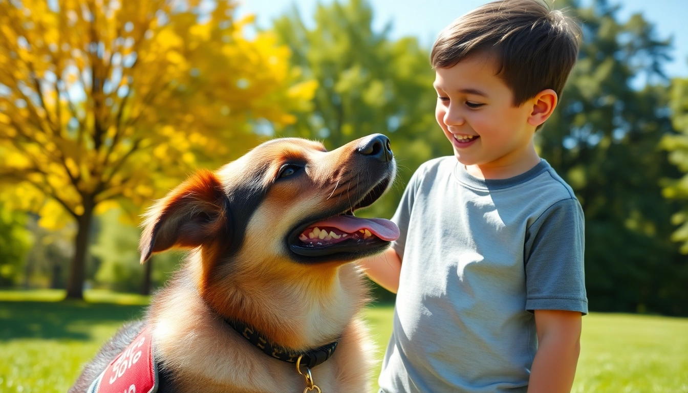 Connecting with autism service dogs for sale in a sunny park, highlighting joy and companionship.