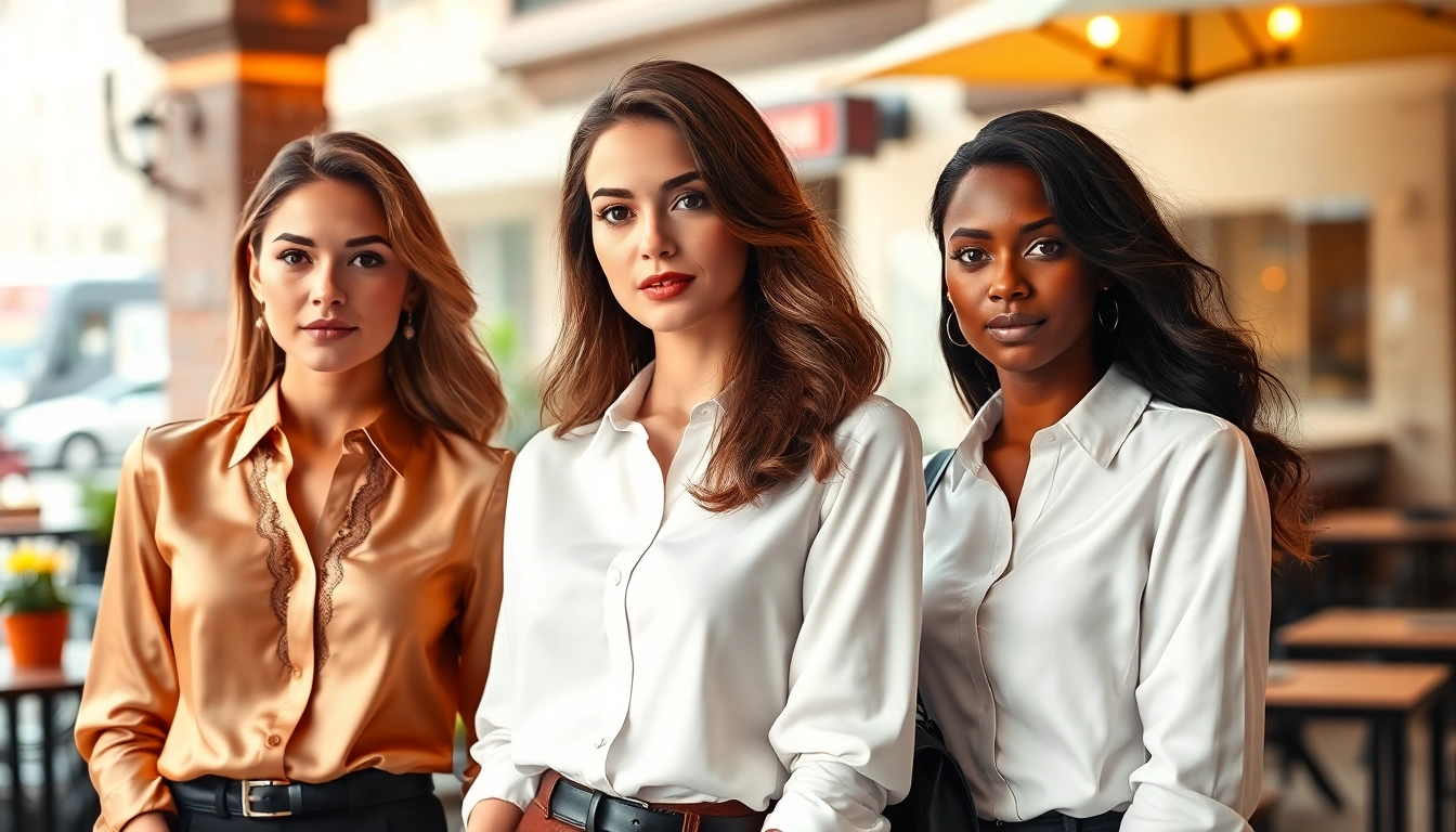 Stylish women in elegant blouses showcasing sophisticated fashion in an urban café.
