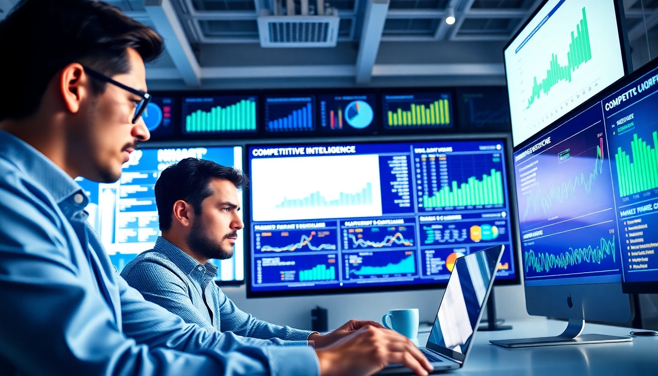 Analyze Competitive Intelligence data in a modern office with digital displays and focus on strategy.