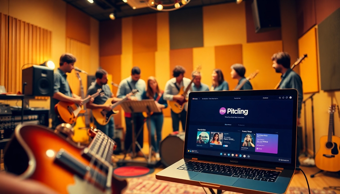 Showcasing music pitching in a vibrant studio with musicians collaborating over instruments.