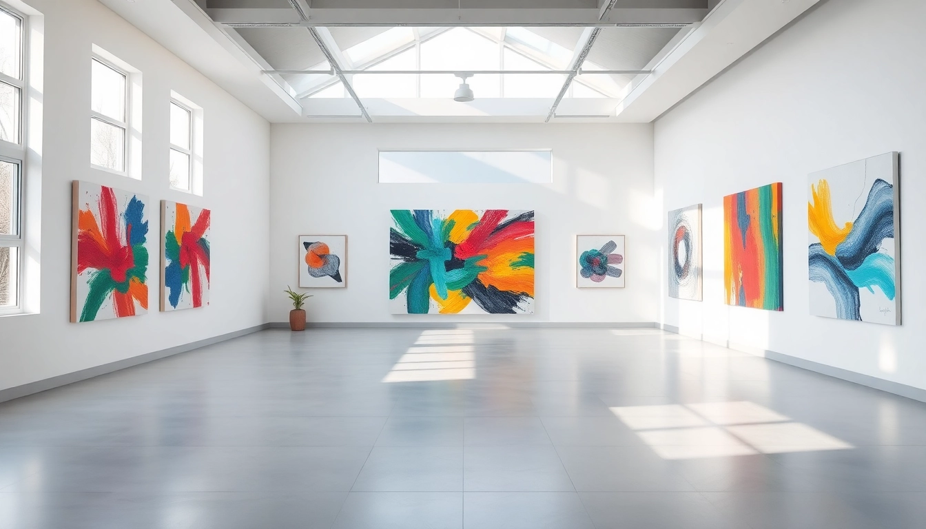 View of the in lieu gallery featuring vibrant abstract artwork in a modern setting.