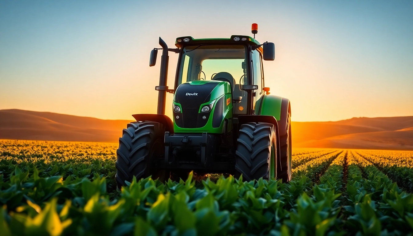 Deutz Fahr Traktor in einem Feld, strahlend beleuchtet von der Abendsonne.