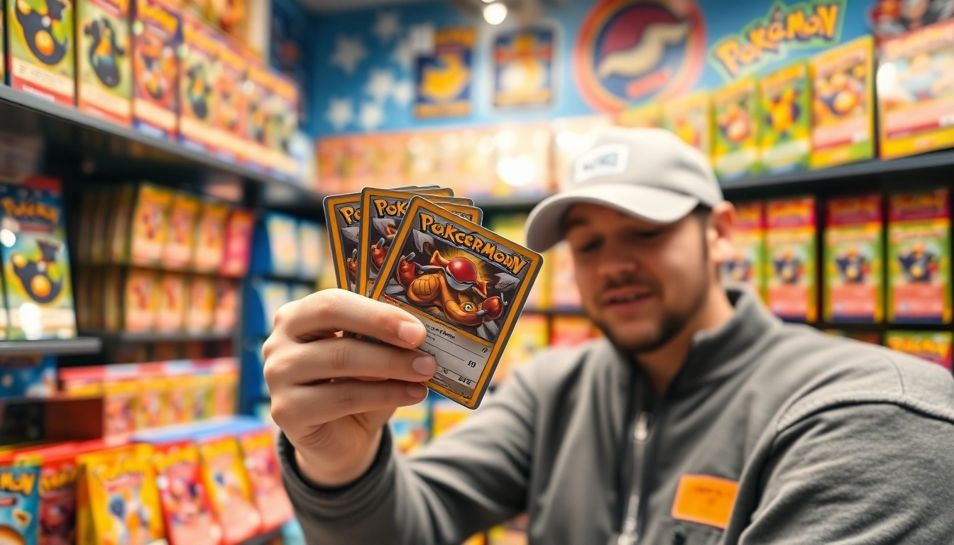 Showcase real pokemon cards india displayed prominently in a vibrant shop environment.