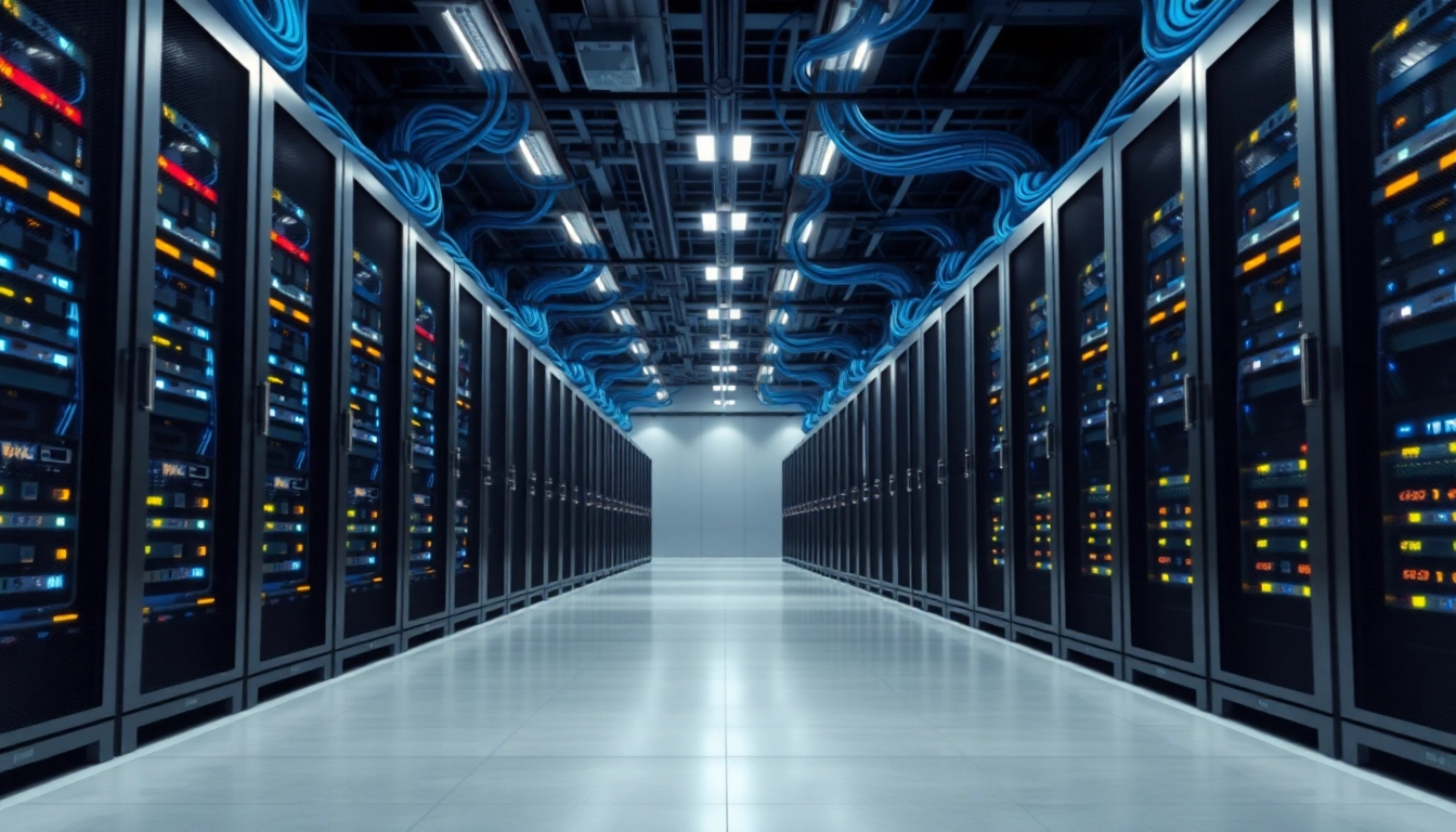 Visualize network infrastructure in a modern data center illustrating efficiency with sleek servers and organized cables.