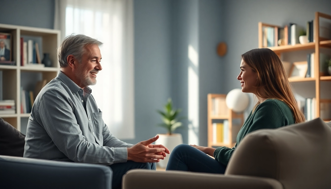 Engaged attachment theory coach guiding a client in a comfortable setting, emphasizing personal growth.