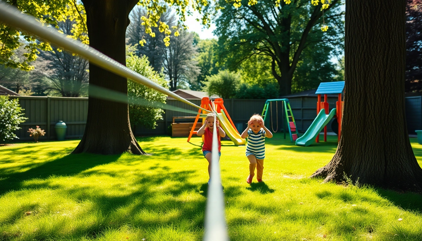 Enjoying a thrilling ride on a GARDEN ZIP WIRE KIT set in a lively backyard environment.