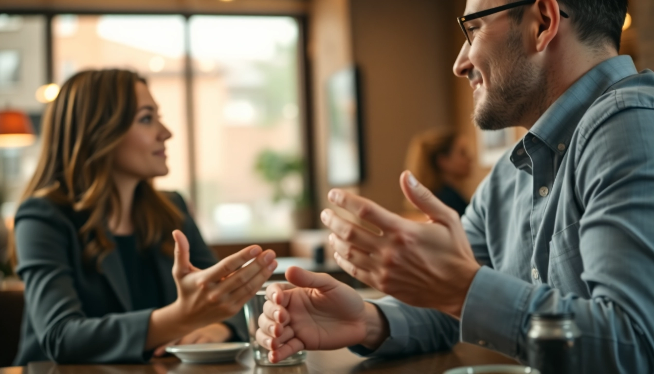 Couple engaging in meaningful communication in relationships at a cozy café.