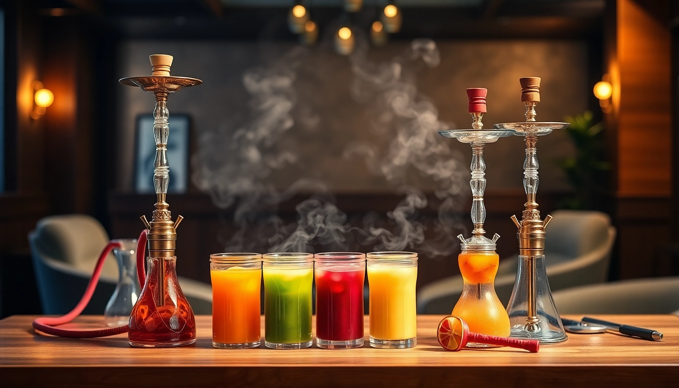 Experience various shisha hookah flavors showcased in a vibrant lounge setting.