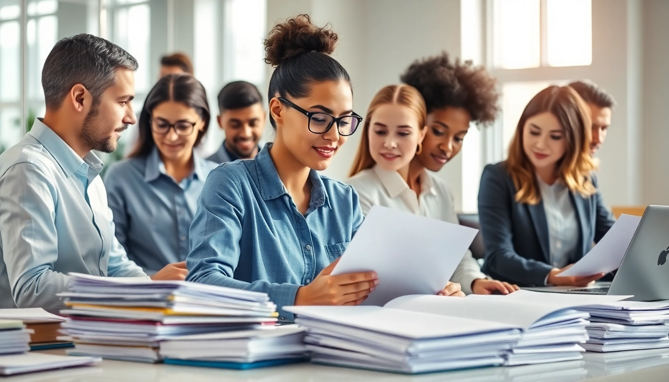 Streamlined QSM document clearing services team working efficiently in a modern office setting.