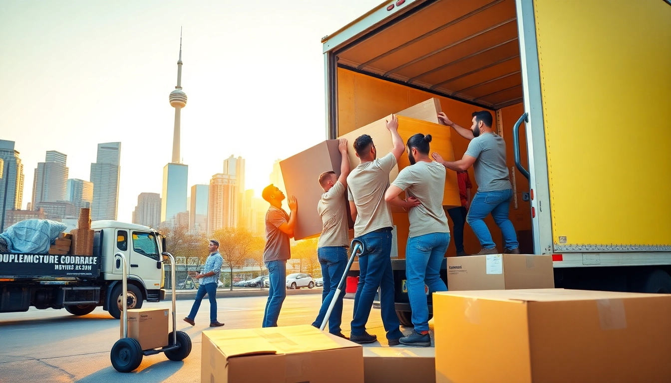 Professional movers in Toronto loading furniture into a truck with the city skyline in the background