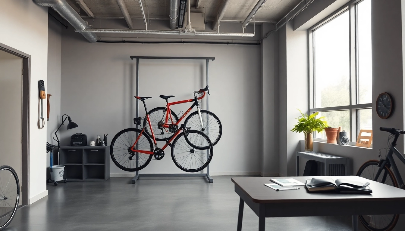 Compact bike storage solution with sleek design and organized workspace