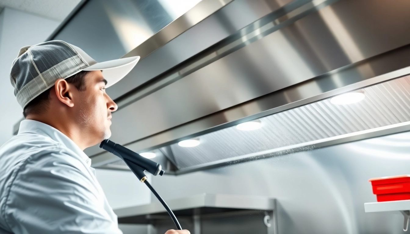 Exhaust Hood Cleaning service technician thoroughly cleaning a commercial kitchen exhaust hood.