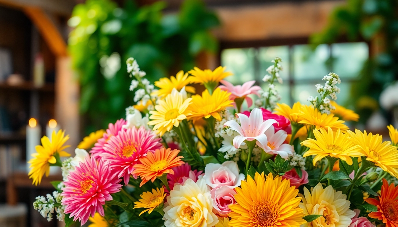 Beautiful floral arrangement from Florist Wollert featuring vibrant colors and textures in a rustic setting.