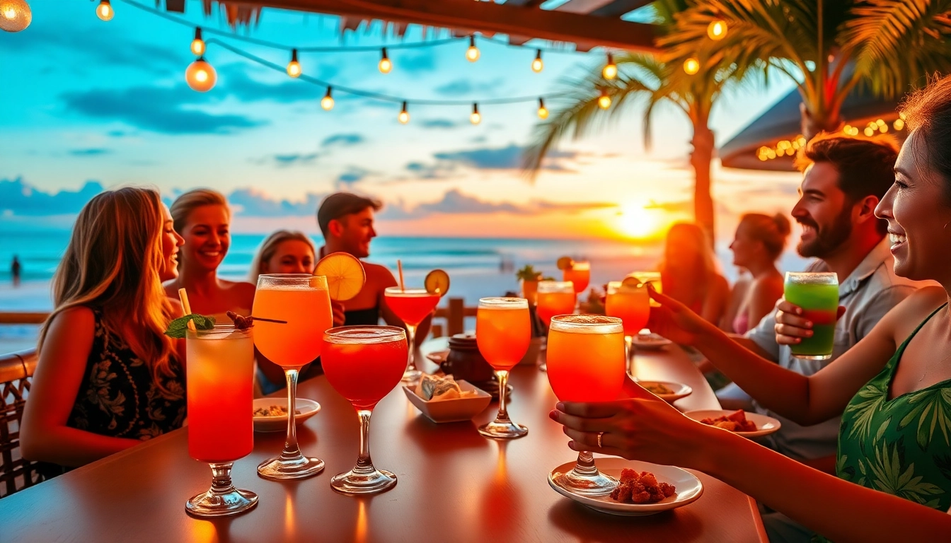 Enjoy a vibrant happy hour 30a with friends at a beachside bar during sunset.