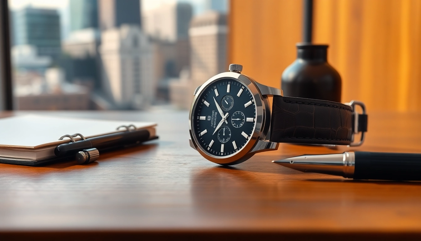 Herren Armbanduhr im eleganten Design auf einem Holzuntergrund mit stilvollen Akzenten.